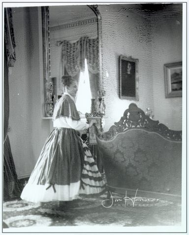 Period dress in black and white.